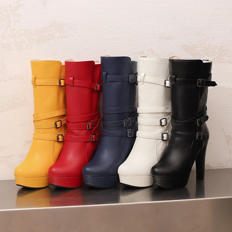 Womens White Calf Boots Platform Shoes Fashion Belt Buckle High Heels Yellow Black Autumn Winter Short Boot Ladies Large Size 50