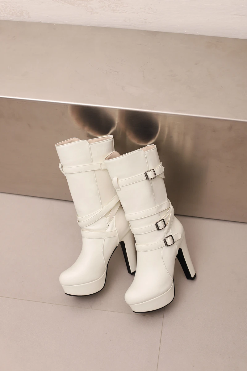 Womens White Calf Boots Platform Shoes Fashion Belt Buckle High Heels Yellow Black Autumn Winter Short Boot Ladies Large Size 50 Womens White Calf Boots Platform Shoes Fashion Belt Buckle High Heels Yellow Black Autumn Winter Short Boot Ladies Large Size 50