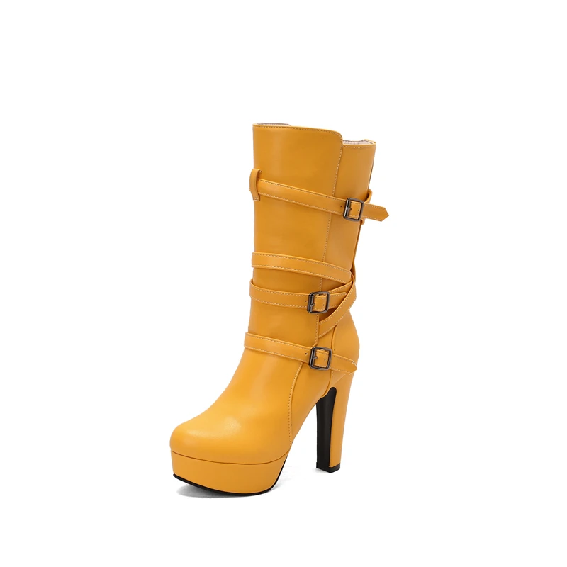 Womens White Calf Boots Platform Shoes Fashion Belt Buckle High Heels Yellow Black Autumn Winter Short Boot Ladies Large Size 50 Womens White Calf Boots Platform Shoes Fashion Belt Buckle High Heels Yellow Black Autumn Winter Short Boot Ladies Large Size 50