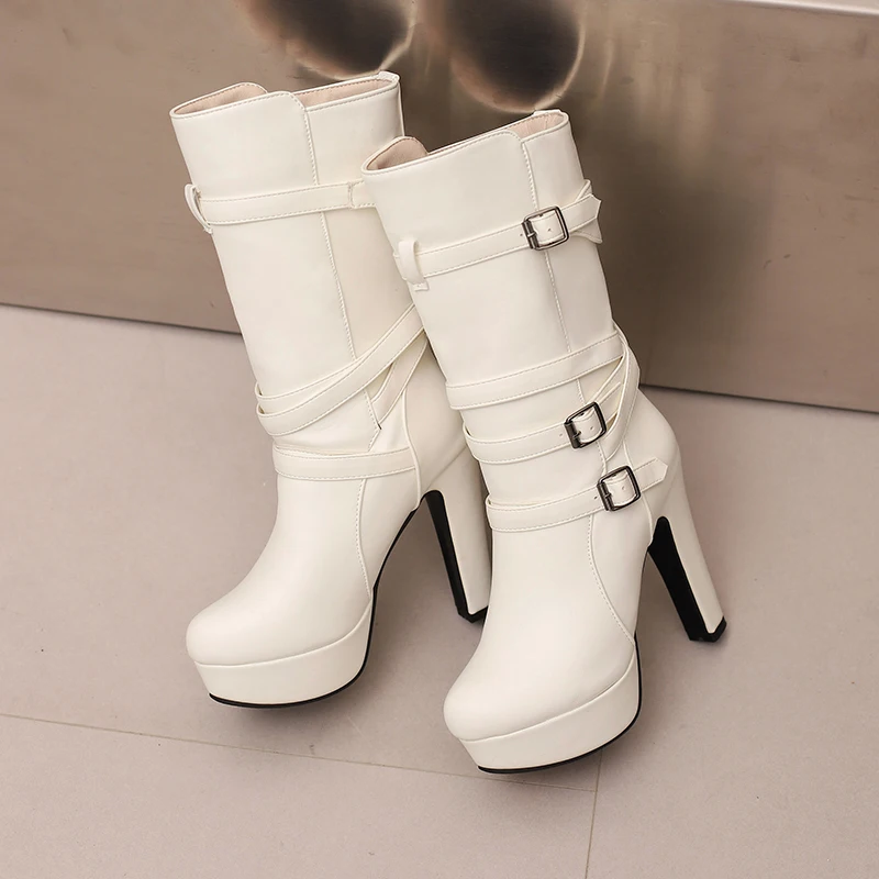 Womens White Calf Boots Platform Shoes Fashion Belt Buckle High Heels Yellow Black Autumn Winter Short Boot Ladies Large Size 50