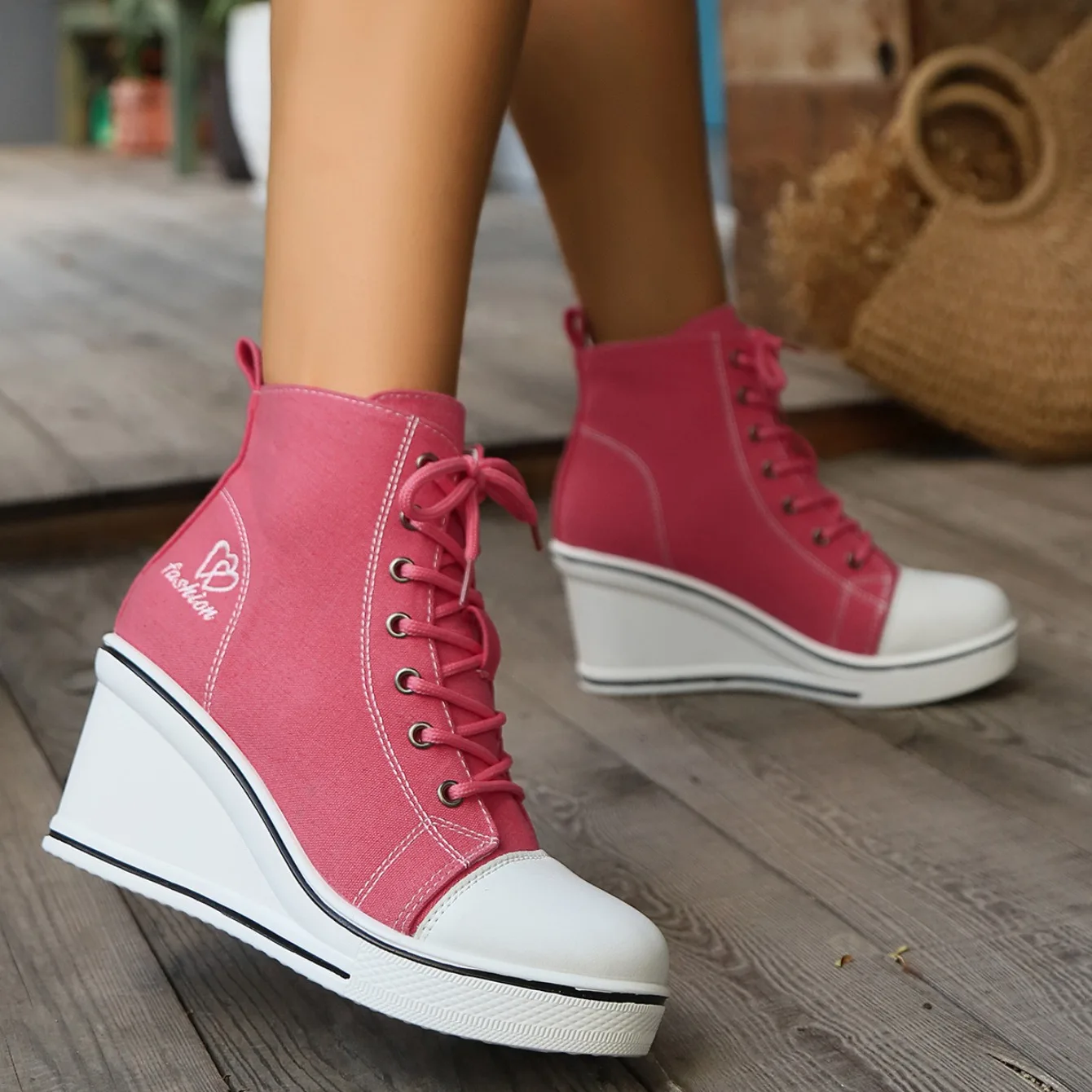 Women Sneakers 2024 New High Tops Wedge Fashion Platform Sneakers Woman Lace Up Height Increase Casual Canvas Shoes for Women