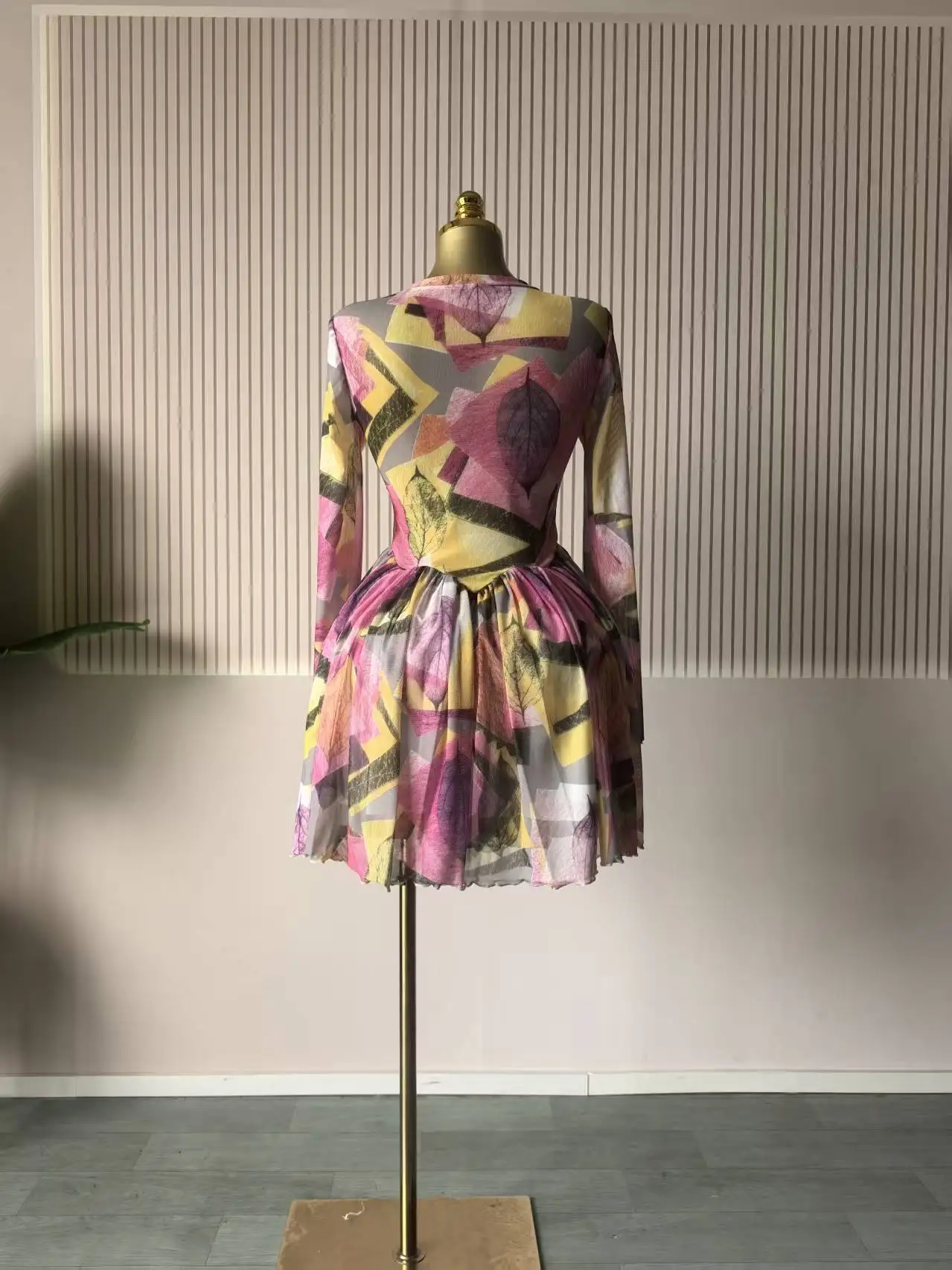 CM.YAYA Women Leaf Floral Print Draped O-neck Long Sleeve Big Swing Smock Dress 2025 Birthda Party Education Trendy Dresses