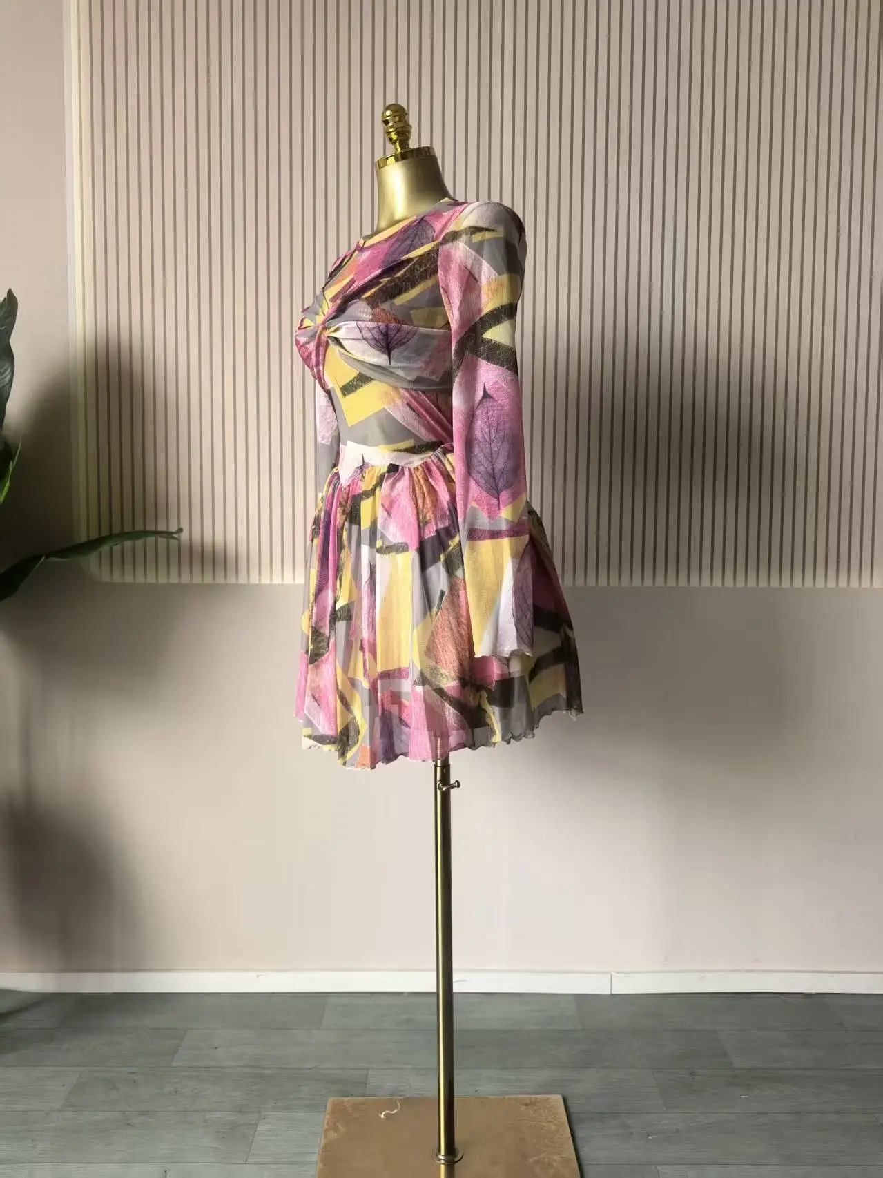 CM.YAYA Women Leaf Floral Print Draped O-neck Long Sleeve Big Swing Smock Dress 2025 Birthda Party Education Trendy Dresses