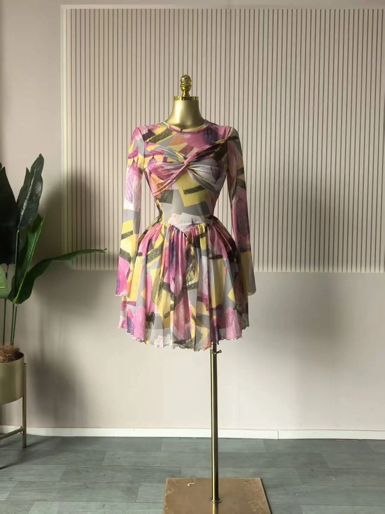 CM.YAYA Women Leaf Floral Print Draped O-neck Long Sleeve Big Swing Smock Dress 2025 Birthda Party Education Trendy Dresses