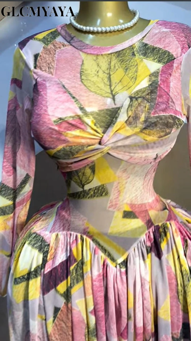 CM.YAYA Women Leaf Floral Print Draped O-neck Long Sleeve Big Swing Smock Dress 2025 Birthda Party Education Trendy Dresses