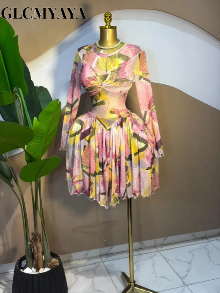 CM.YAYA Women Leaf Floral Print Draped O-neck Long Sleeve Big Swing Smock Dress 2025 Birthda Party Education Trendy Dresses