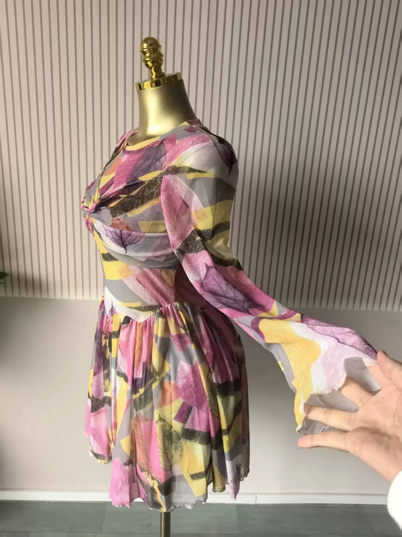 CM.YAYA Women Leaf Floral Print Draped O-neck Long Sleeve Big Swing Smock Dress 2025 Birthda Party Education Trendy Dresses