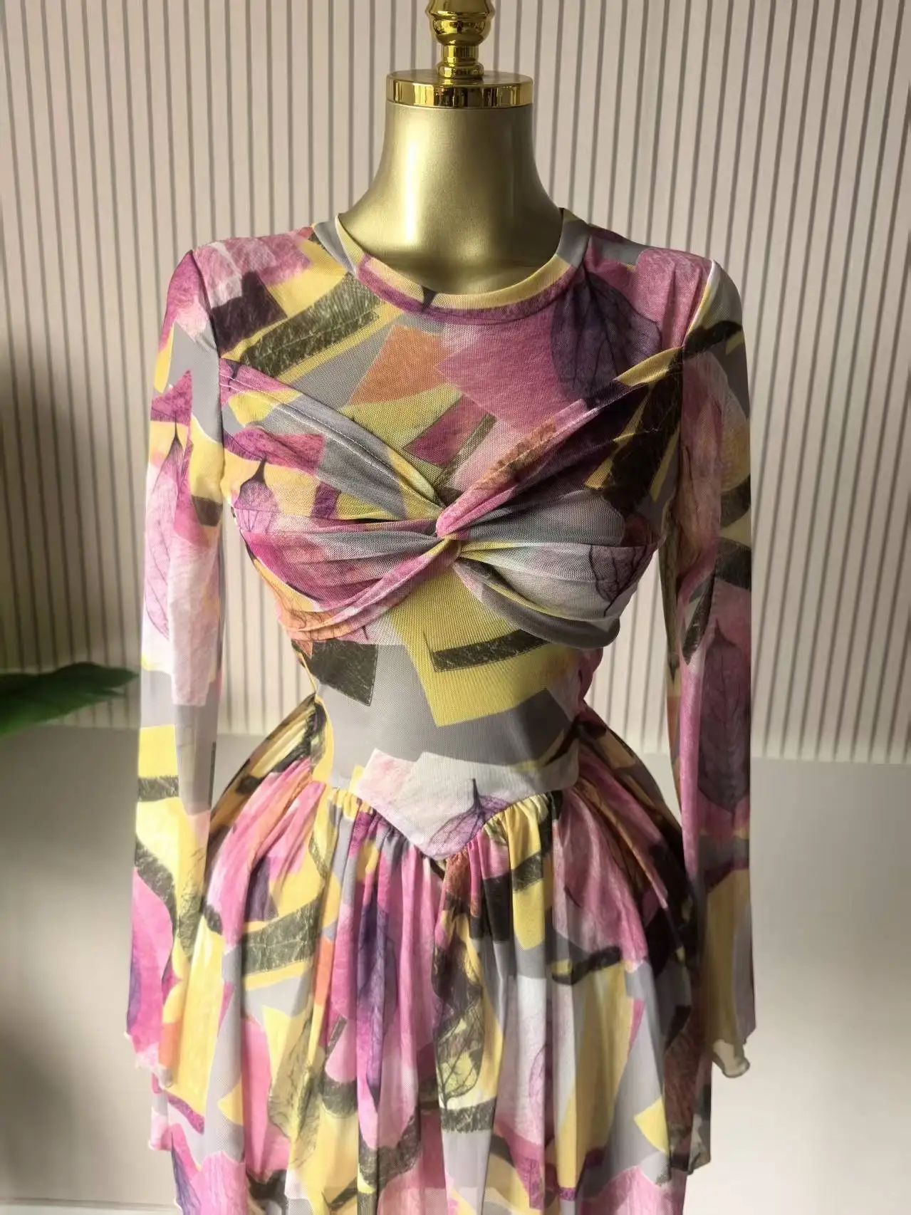 CM.YAYA Women Leaf Floral Print Draped O-neck Long Sleeve Big Swing Smock Dress 2025 Birthda Party Education Trendy Dresses