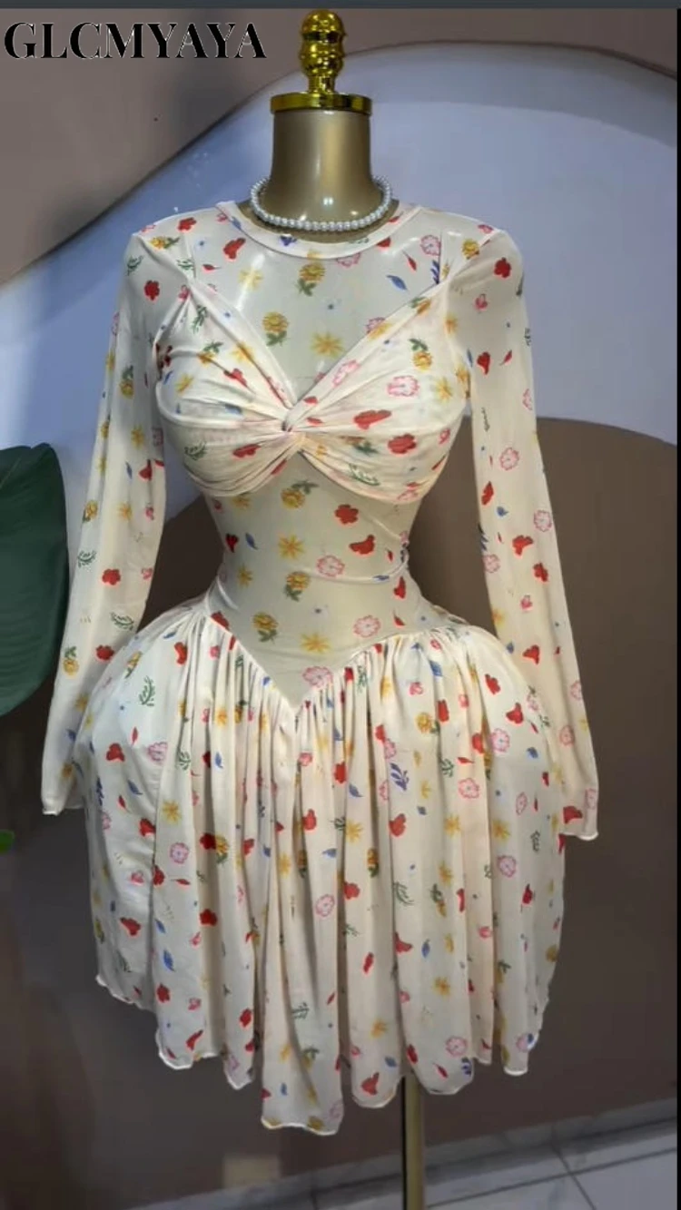 CM.YAYA Women Leaf Floral Print Draped O-neck Long Sleeve Big Swing Smock Dress 2025 Birthda Party Education Trendy Dresses