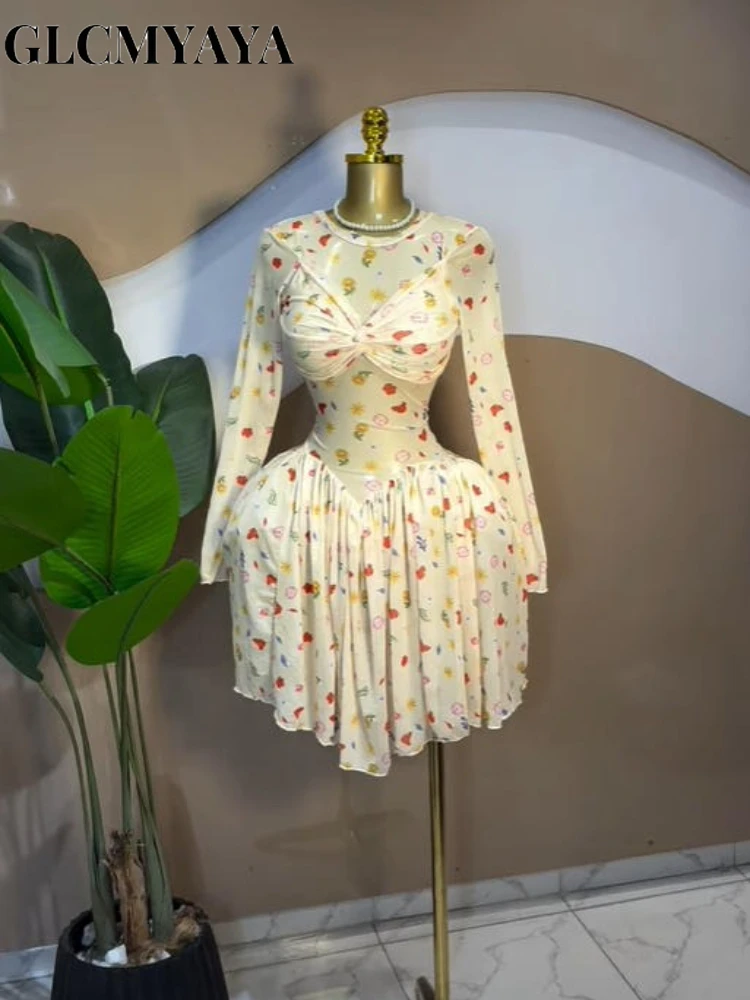 CM.YAYA Women Leaf Floral Print Draped O-neck Long Sleeve Big Swing Smock Dress 2025 Birthda Party Education Trendy Dresses