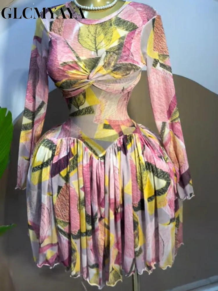 CM.YAYA Women Leaf Floral Print Draped O-neck Long Sleeve Big Swing Smock Dress 2025 Birthda Party Education Trendy Dresses