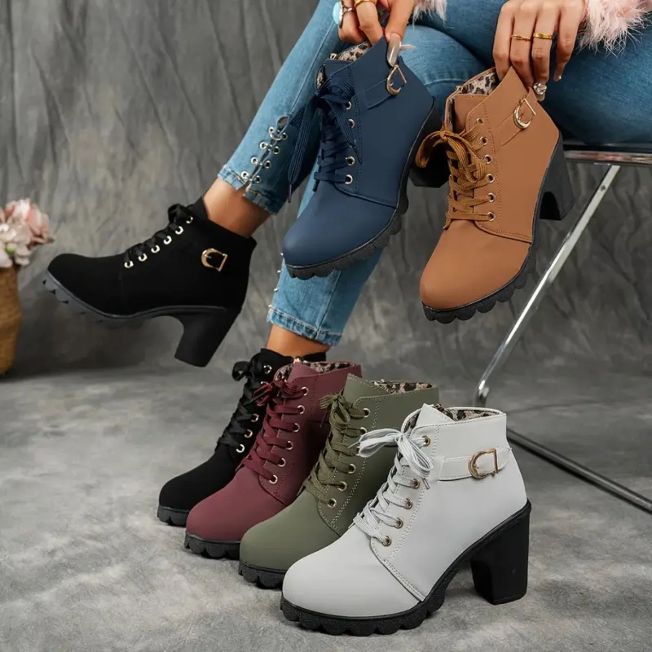 2025 New Women Ankle Boots Autumn Winter Large Size Comfortable Women Shoes Fashion Warm Thick Heel Lace Up High Heels Boots 2025 New Women Ankle Boots Autumn Winter Large Size Comfortable Women Shoes Fashion Warm Thick Heel Lace Up High Heels Boots