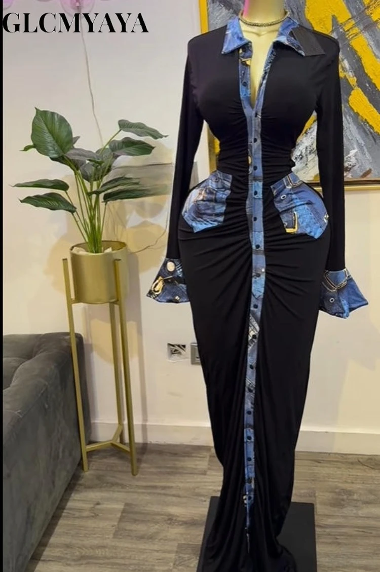 GLCMYAYA Women Denim Print Flare Long Sleeve Single Breasted Ruched Bodycon Maxi Long Dress 2025 Vacation Party Birthday Dresses GLCMYAYA Women Denim Print Flare Long Sleeve Single Breasted Ruched Bodycon Maxi Long Dress 2025 Vacation Party Birthday Dresses