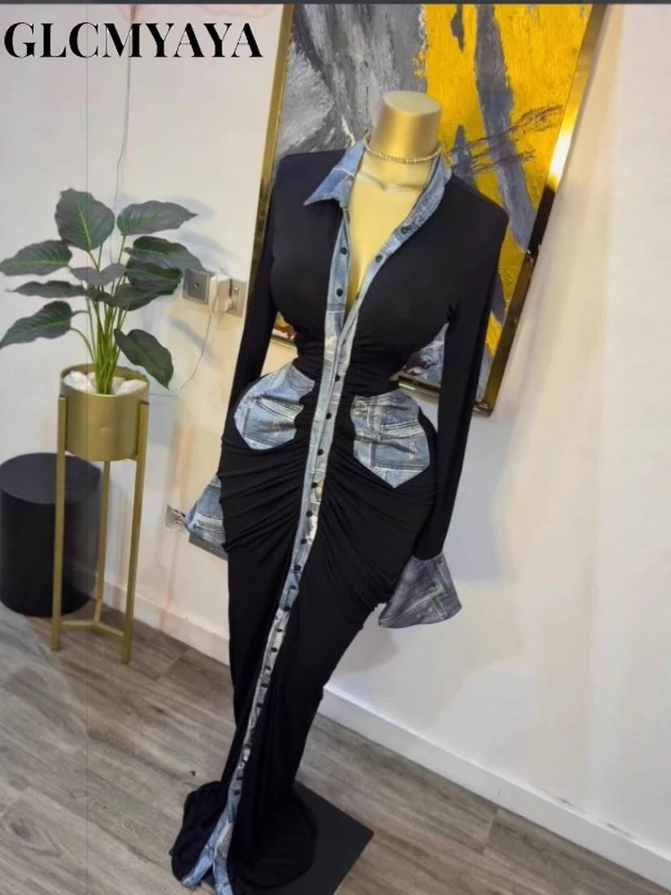 GLCMYAYA Women Denim Print Flare Long Sleeve Single Breasted Ruched Bodycon Maxi Long Dress 2025 Vacation Party Birthday Dresses