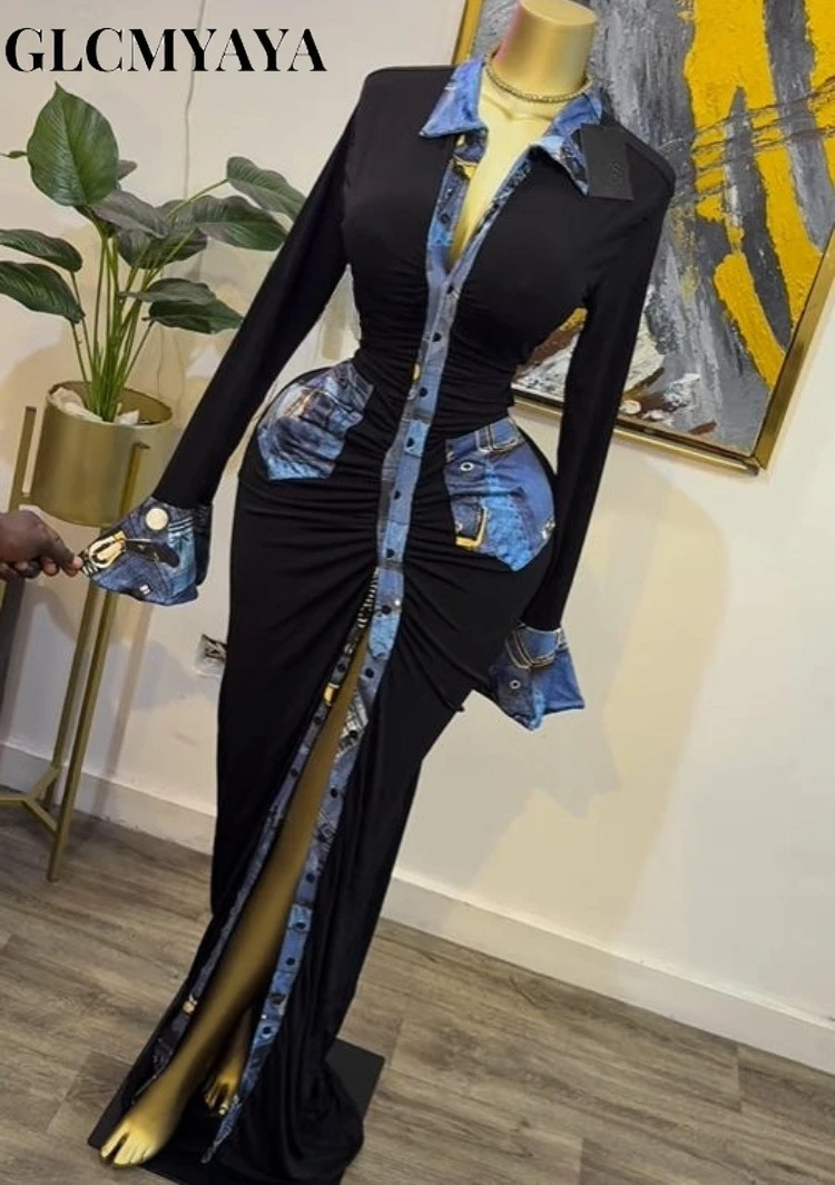 GLCMYAYA Women Denim Print Flare Long Sleeve Single Breasted Ruched Bodycon Maxi Long Dress 2025 Vacation Party Birthday Dresses