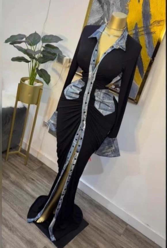 GLCMYAYA Women Denim Print Flare Long Sleeve Single Breasted Ruched Bodycon Maxi Long Dress 2025 Vacation Party Birthday Dresses