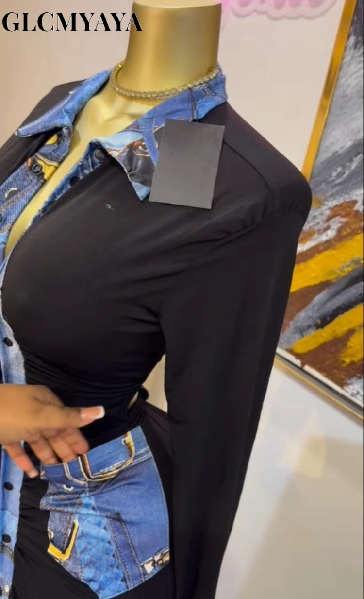 GLCMYAYA Women Denim Print Flare Long Sleeve Single Breasted Ruched Bodycon Maxi Long Dress 2025 Vacation Party Birthday Dresses