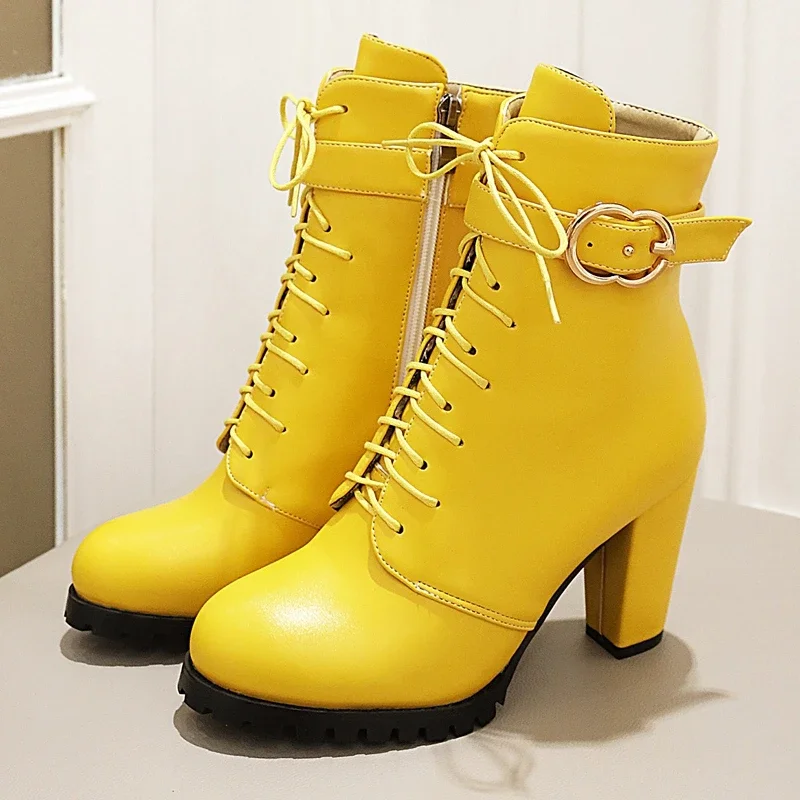 Lace-up Ankle Boots For Women Short Shoes Fashion Buckle High Heels Yellow Black Autumn Winter Women’s Ankle Boots Large Size 45 Lace-up Ankle Boots For Women Short Shoes Fashion Buckle High Heels Yellow Black Autumn Winter Women's Ankle Boots Large Size 45