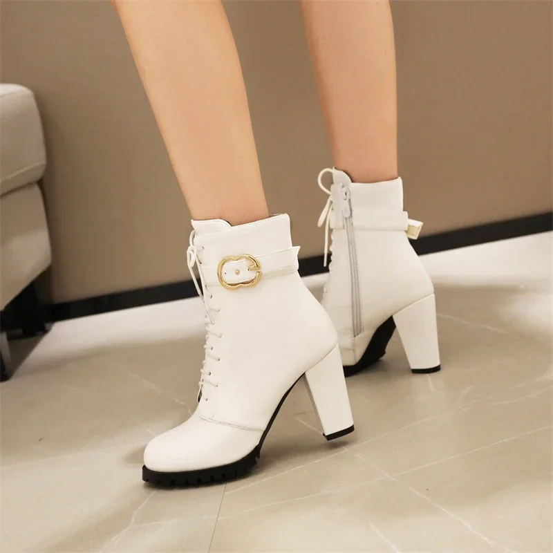 Lace-up Ankle Boots For Women Short Shoes Fashion Buckle High Heels Yellow Black Autumn Winter Women's Ankle Boots Large Size 45