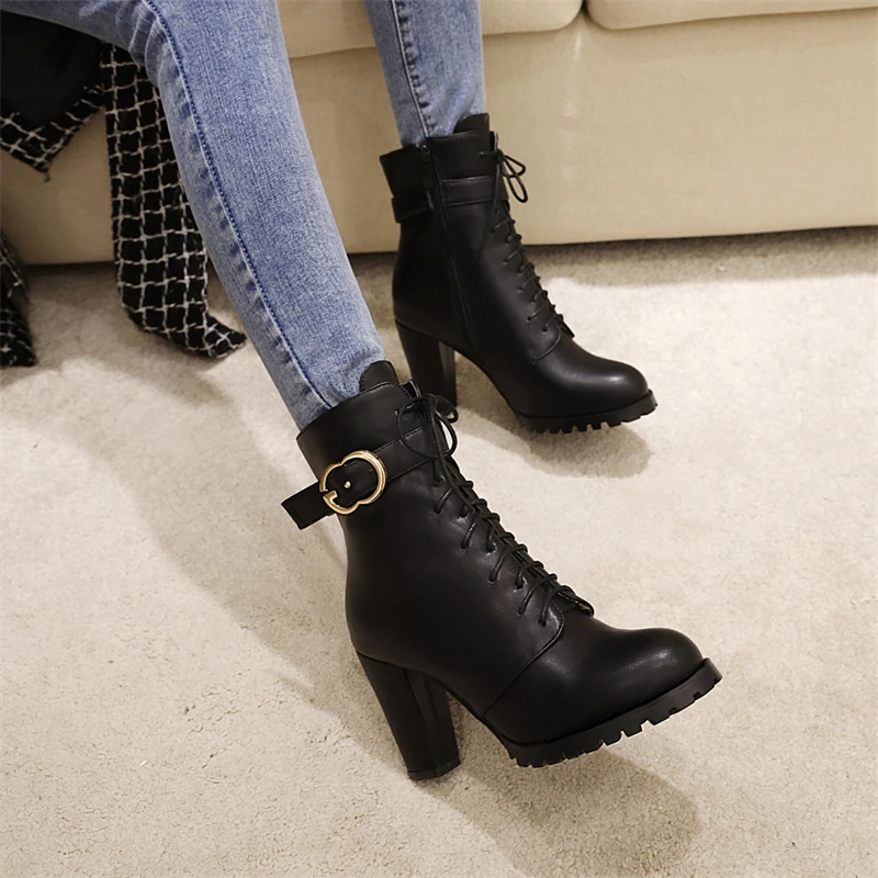 Lace-up Ankle Boots For Women Short Shoes Fashion Buckle High Heels Yellow Black Autumn Winter Women's Ankle Boots Large Size 45