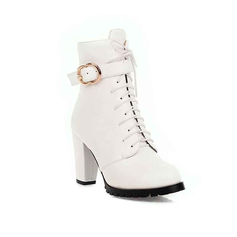 Lace-up Ankle Boots For Women Short Shoes Fashion Buckle High Heels Yellow Black Autumn Winter Women's Ankle Boots Large Size 45