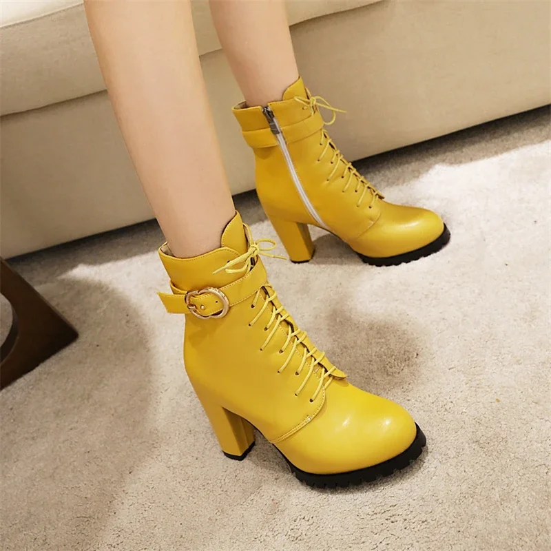 Lace-up Ankle Boots For Women Short Shoes Fashion Buckle High Heels Yellow Black Autumn Winter Women's Ankle Boots Large Size 45