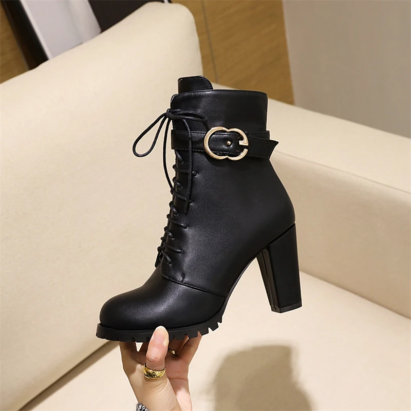 Lace-up Ankle Boots For Women Short Shoes Fashion Buckle High Heels Yellow Black Autumn Winter Women's Ankle Boots Large Size 45