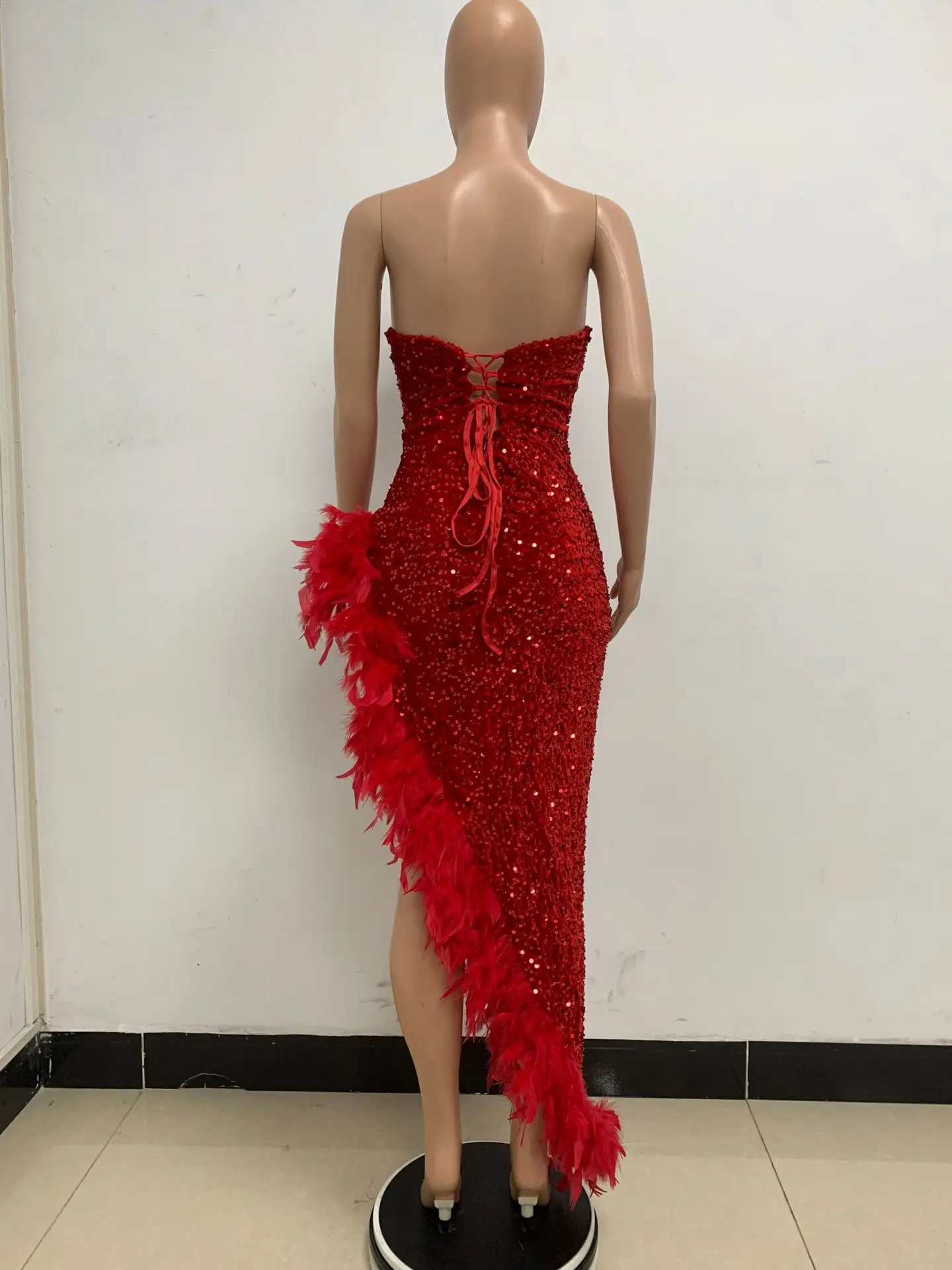 CM.YAYA Women Sequined Strapless Feather High Side Split Strapless Bodycon Midi Maxi Dress Sexy Club Even Party Dresses Vestidos CM.YAYA Women Sequined Strapless Feather High Side Split Strapless Bodycon Midi Maxi Dress Sexy Club Even Party Dresses Vestidos