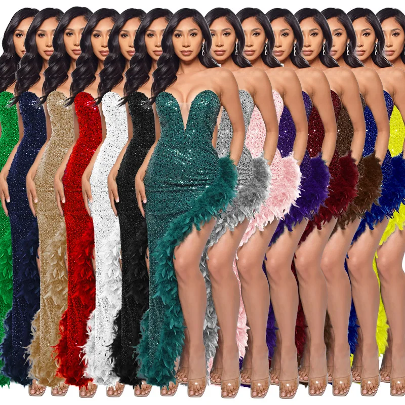 CM.YAYA Women Sequined Strapless Feather High Side Split Strapless Bodycon Midi Maxi Dress Sexy Club Even Party Dresses Vestidos CM.YAYA Women Sequined Strapless Feather High Side Split Strapless Bodycon Midi Maxi Dress Sexy Club Even Party Dresses Vestidos