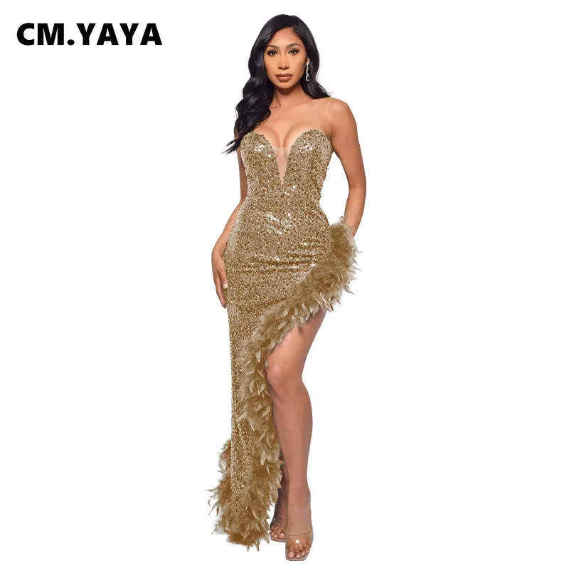 CM.YAYA Women Sequined Strapless Feather High Side Split Strapless Bodycon Midi Maxi Dress Sexy Club Even Party Dresses Vestidos