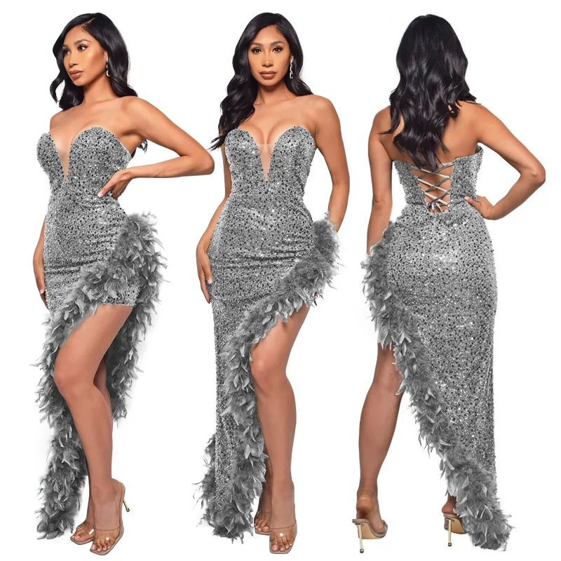CM.YAYA Women Sequined Strapless Feather High Side Split Strapless Bodycon Midi Maxi Dress Sexy Club Even Party Dresses Vestidos CM.YAYA Women Sequined Strapless Feather High Side Split Strapless Bodycon Midi Maxi Dress Sexy Club Even Party Dresses Vestidos