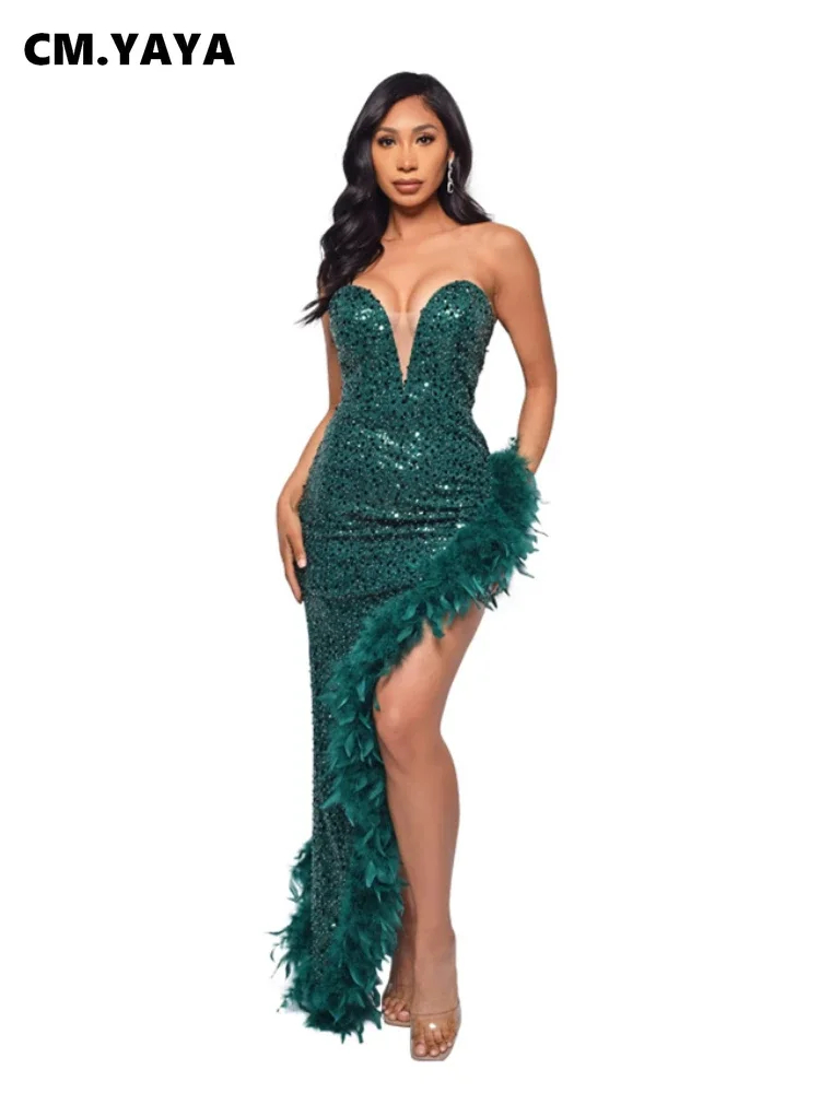 CM.YAYA Women Sequined Strapless Feather High Side Split Strapless Bodycon Midi Maxi Dress Sexy Club Even Party Dresses Vestidos