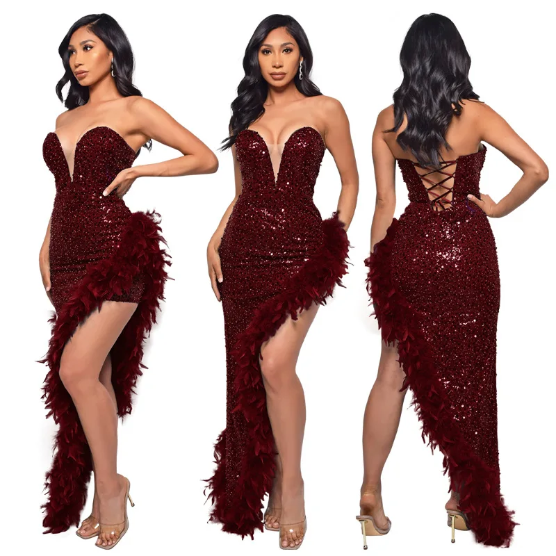 CM.YAYA Women Sequined Strapless Feather High Side Split Strapless Bodycon Midi Maxi Dress Sexy Club Even Party Dresses Vestidos CM.YAYA Women Sequined Strapless Feather High Side Split Strapless Bodycon Midi Maxi Dress Sexy Club Even Party Dresses Vestidos