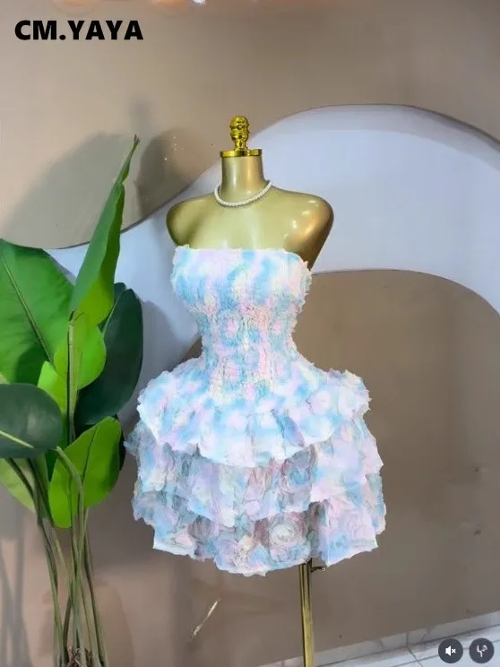 CM.YAYA Women Rose Floral  Strapless Midi Mini A-line Tiered Dress 2026 Spring Beach Sexy Sweet Birthday Party Dresses Vestidos