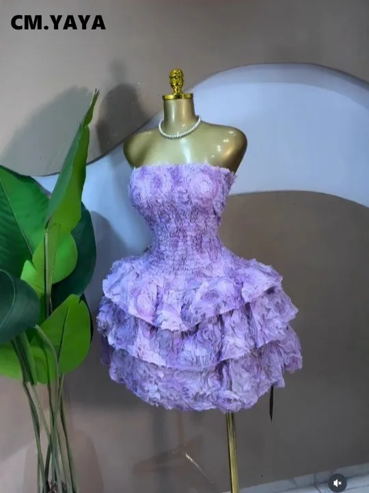 CM.YAYA Women Rose Floral  Strapless Midi Mini A-line Tiered Dress 2026 Spring Beach Sexy Sweet Birthday Party Dresses Vestidos