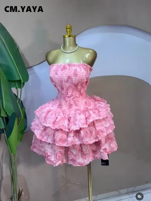 CM.YAYA Women Rose Floral  Strapless Midi Mini A-line Tiered Dress 2026 Spring Beach Sexy Sweet Birthday Party Dresses Vestidos