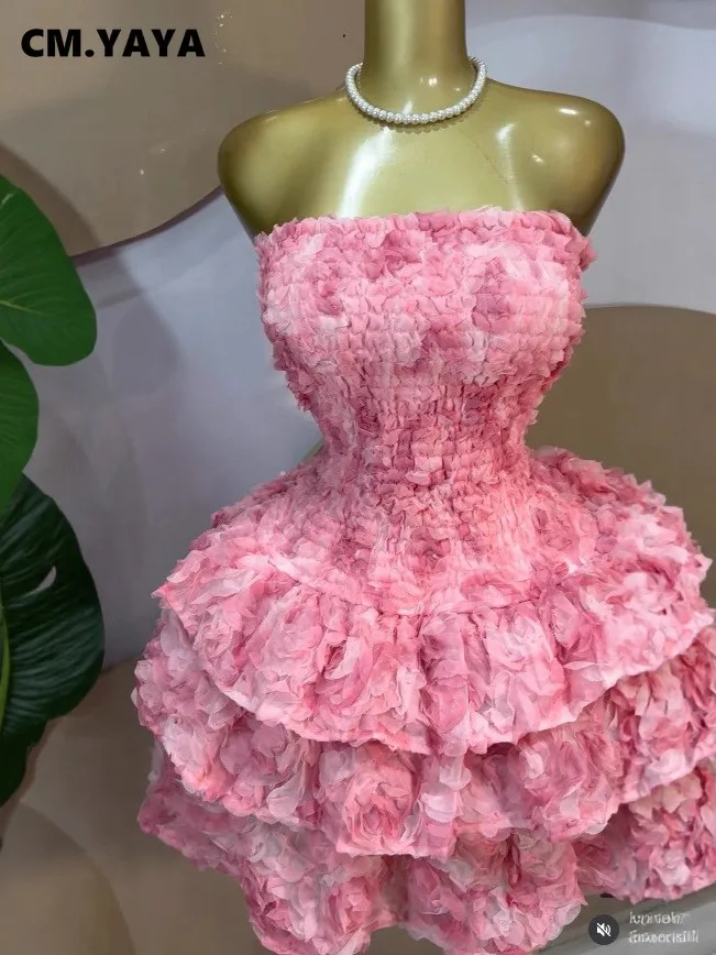 CM.YAYA Women Rose Floral  Strapless Midi Mini A-line Tiered Dress 2026 Spring Beach Sexy Sweet Birthday Party Dresses Vestidos