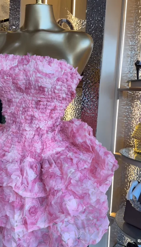 CM.YAYA Women Rose Floral  Strapless Midi Mini A-line Tiered Dress 2026 Spring Beach Sexy Sweet Birthday Party Dresses Vestidos