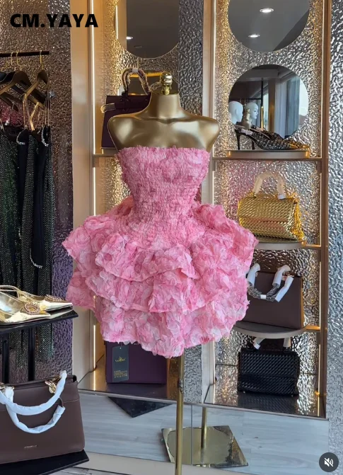 CM.YAYA Women Rose Floral  Strapless Midi Mini A-line Tiered Dress 2026 Spring Beach Sexy Sweet Birthday Party Dresses Vestidos