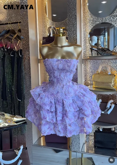 CM.YAYA Women Rose Floral  Strapless Midi Mini A-line Tiered Dress 2026 Spring Beach Sexy Sweet Birthday Party Dresses Vestidos