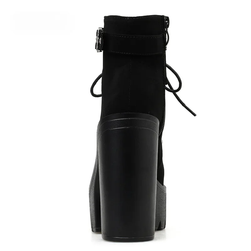 Lace Up Women Boots Platform Buckle Boot Winter Shoes Thick Heel Autmn Boots With Zipper Ankle Strap Black Suede Gothic