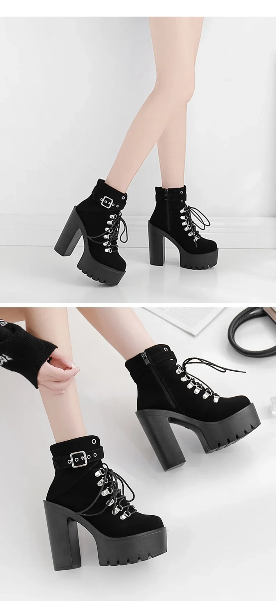 Lace Up Women Boots Platform Buckle Boot Winter Shoes Thick Heel Autmn Boots With Zipper Ankle Strap Black Suede Gothic