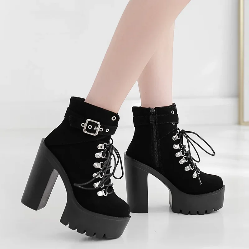 Lace Up Women Boots Platform Buckle Boot Winter Shoes Thick Heel Autmn Boots With Zipper Ankle Strap Black Suede Gothic