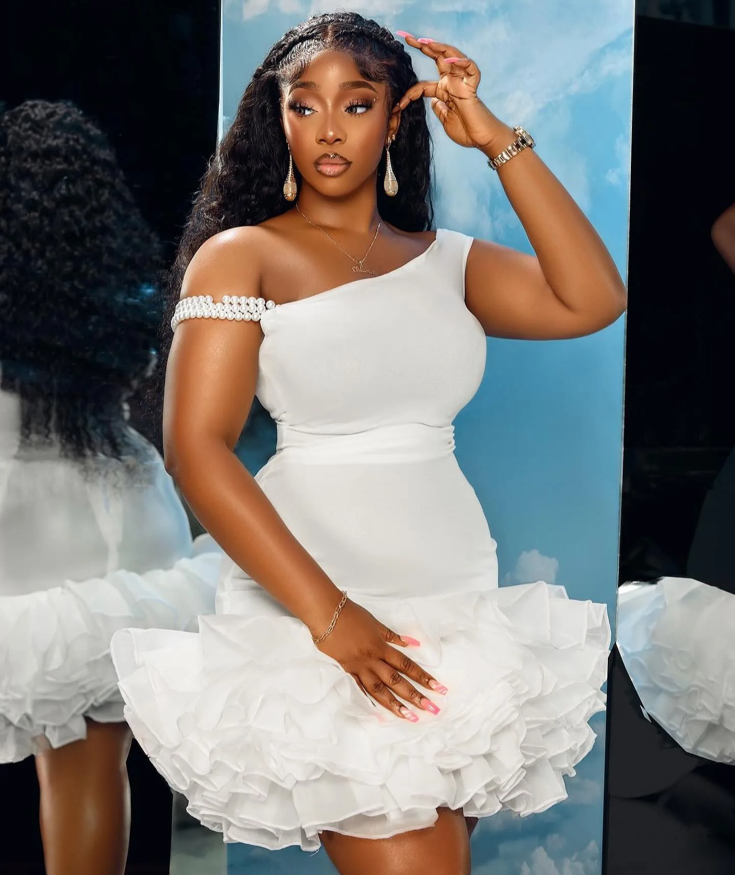 CM.YAYA Women Sleeveless Mesh Edible Tree Fungus Bead Strap Dress Sexy Night Club Evening Birthday Party Mini Dresses Vestidos