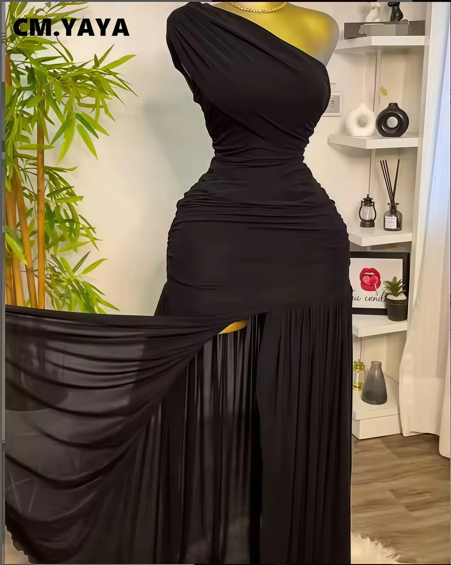 CM.YAYA Women One Shoulder Skew Neck High Split Pleated Hem Bodycon Long Maxi Dress 2025 Evening Sexy Club Party Dresses Vestido