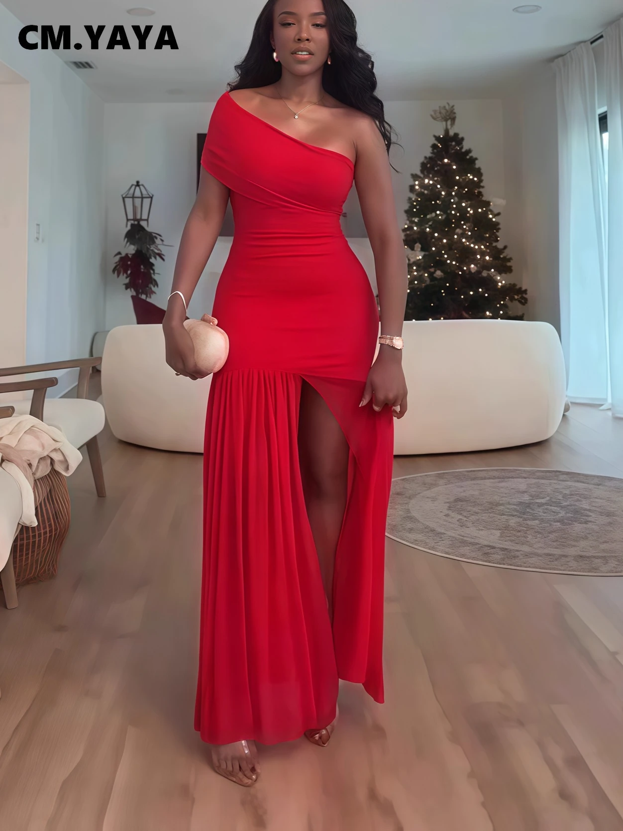CM.YAYA Women One Shoulder Skew Neck High Split Pleated Hem Bodycon Long Maxi Dress 2025 Evening Sexy Club Party Dresses Vestido