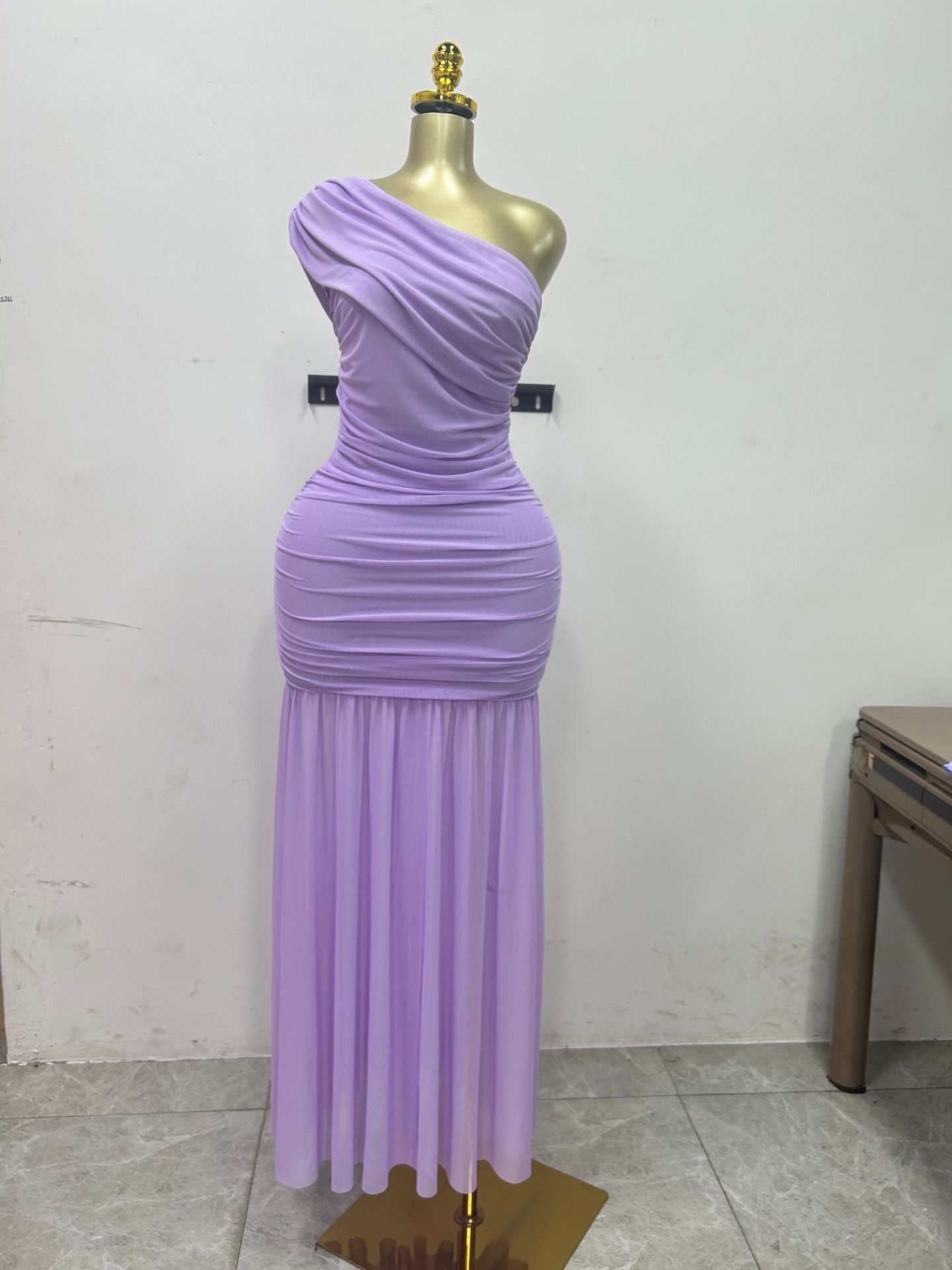 CM.YAYA Women One Shoulder Skew Neck High Split Pleated Hem Bodycon Long Maxi Dress 2025 Evening Sexy Club Party Dresses Vestido