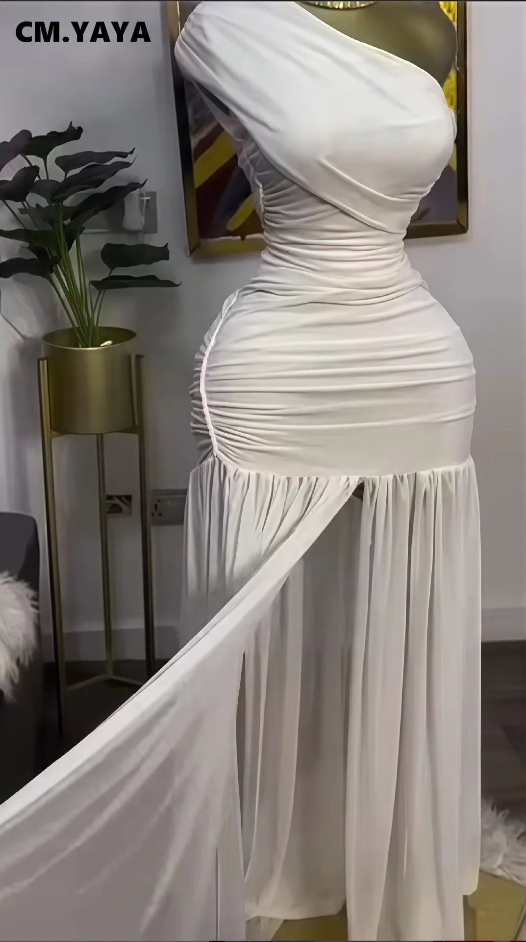 CM.YAYA Women One Shoulder Skew Neck High Split Pleated Hem Bodycon Long Maxi Dress 2025 Evening Sexy Club Party Dresses Vestido