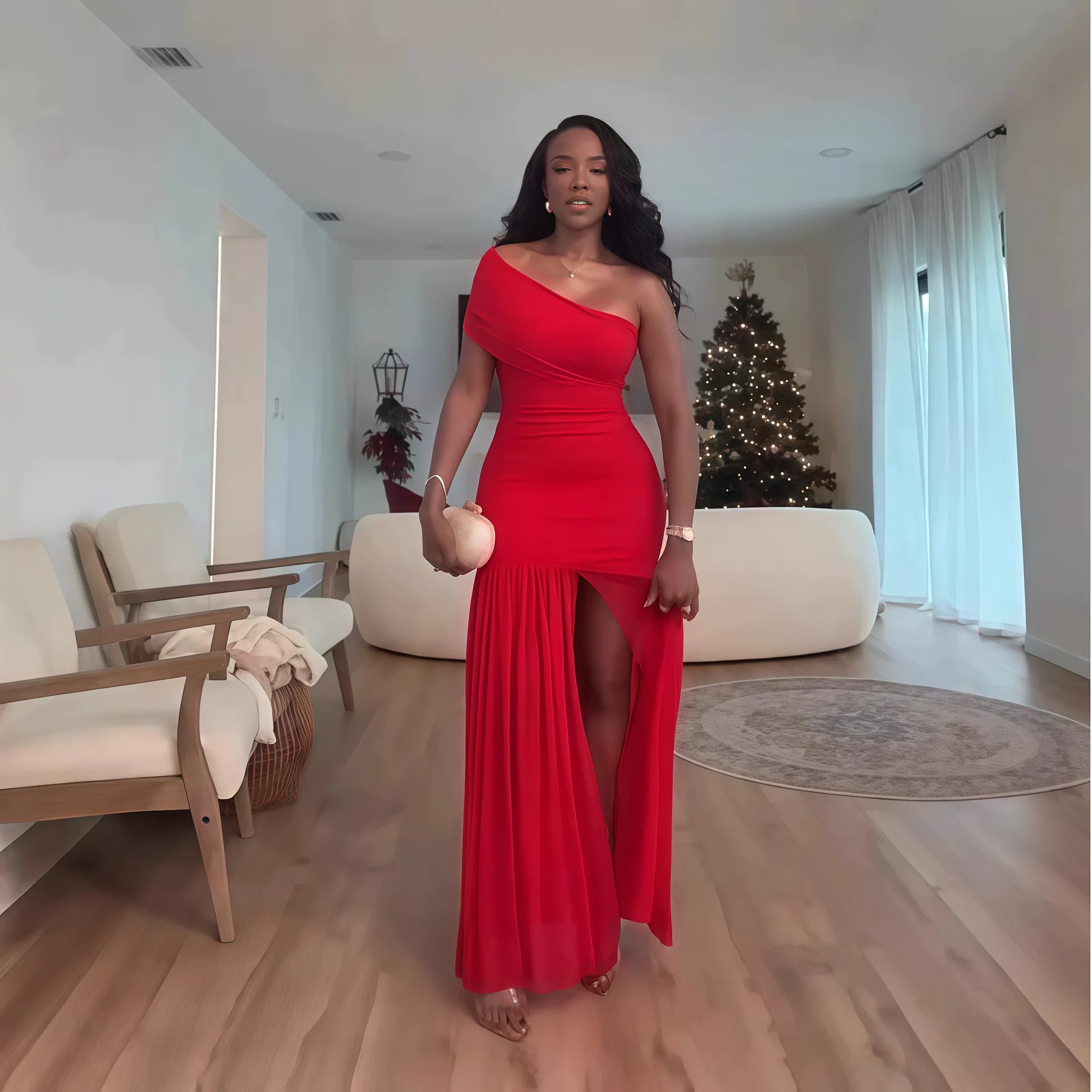 CM.YAYA Women One Shoulder Skew Neck High Split Pleated Hem Bodycon Long Maxi Dress 2025 Evening Sexy Club Party Dresses Vestido