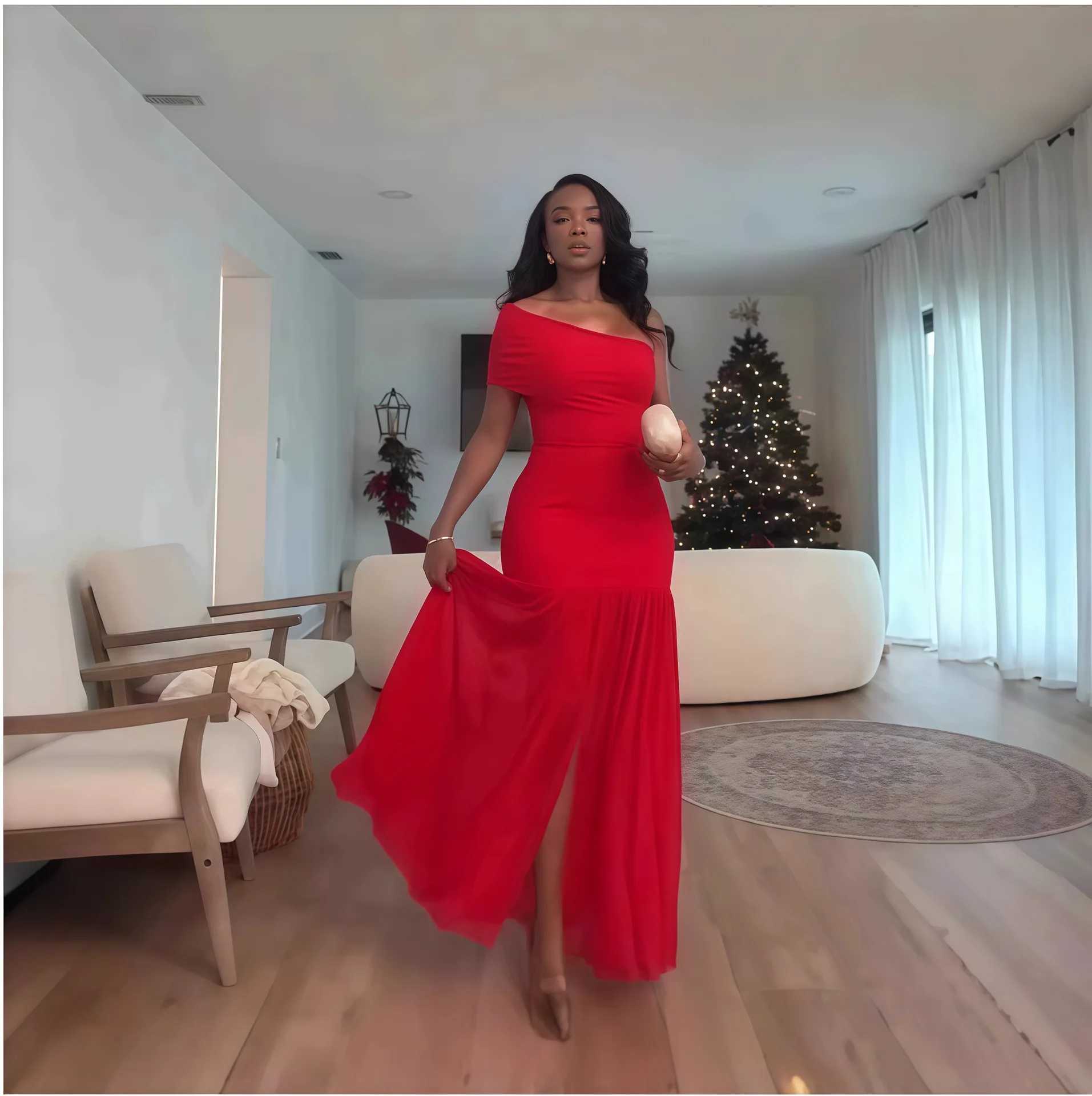 CM.YAYA Women One Shoulder Skew Neck High Split Pleated Hem Bodycon Long Maxi Dress 2025 Evening Sexy Club Party Dresses Vestido